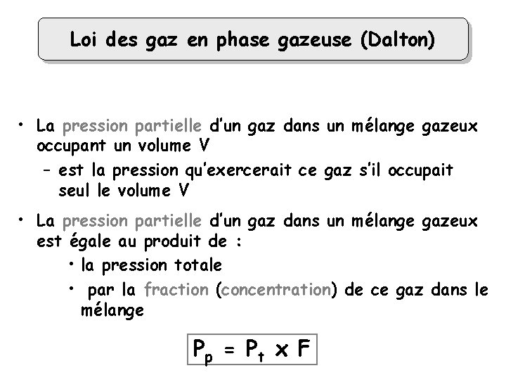 Loi des gaz en phase gazeuse (Dalton) • La pression partielle d’un gaz dans