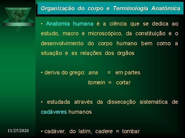 Organização do corpo e Terminologia Anatômica • Anatomia humana é a ciência que se