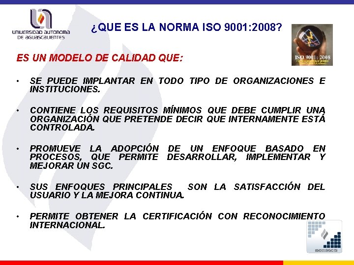 ¿QUE ES LA NORMA ISO 9001: 2008? ES UN MODELO DE CALIDAD QUE: •