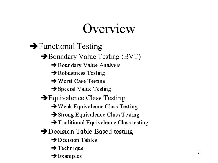 Overview èFunctional Testing èBoundary Value Testing (BVT) èBoundary Value Analysis èRobustness Testing èWorst Case