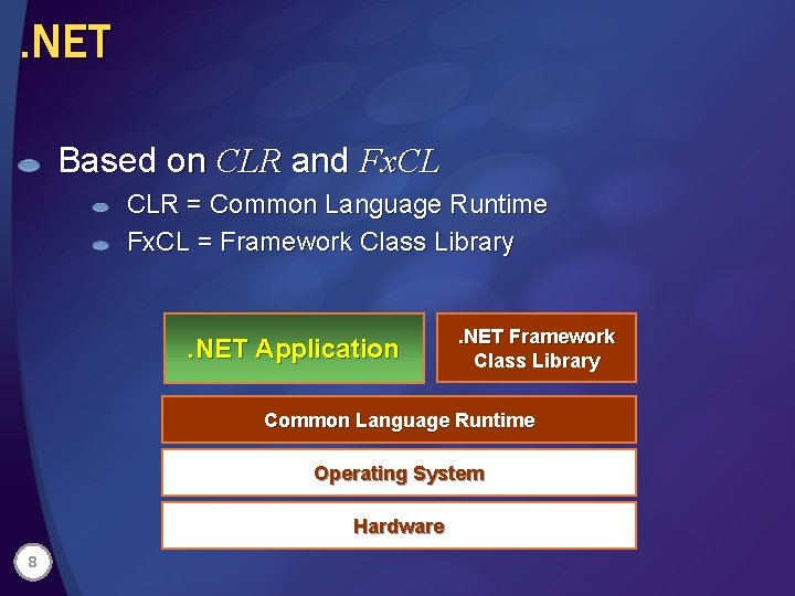 . NET Based on CLR and Fx. CL CLR = Common Language Runtime Fx.