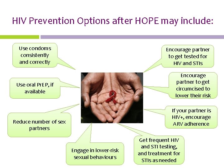 HIV Prevention Options after HOPE may include: Use condoms consistently and correctly Encourage partner