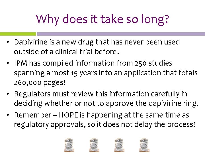 Why does it take so long? • Dapivirine is a new drug that has