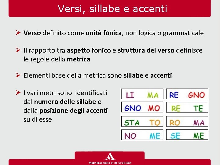 Versi, sillabe e accenti Ø Verso definito come unità fonica, non logica o grammaticale
