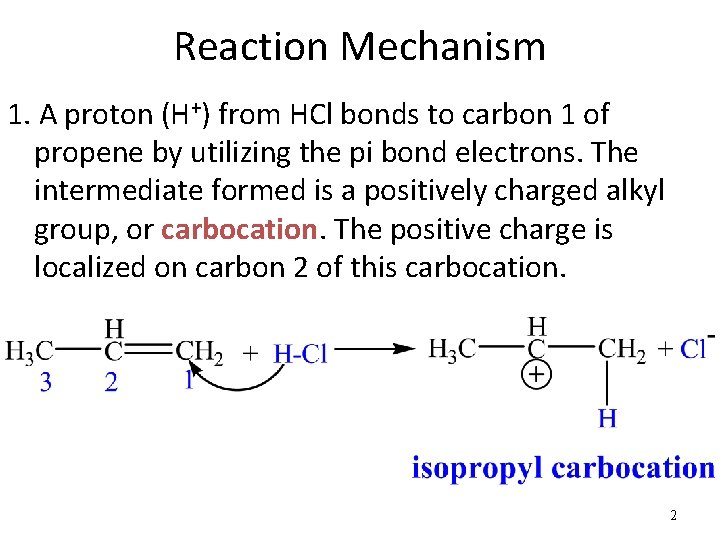 Reaction Mechanism 1. A proton (H+) from HCl bonds to carbon 1 of propene