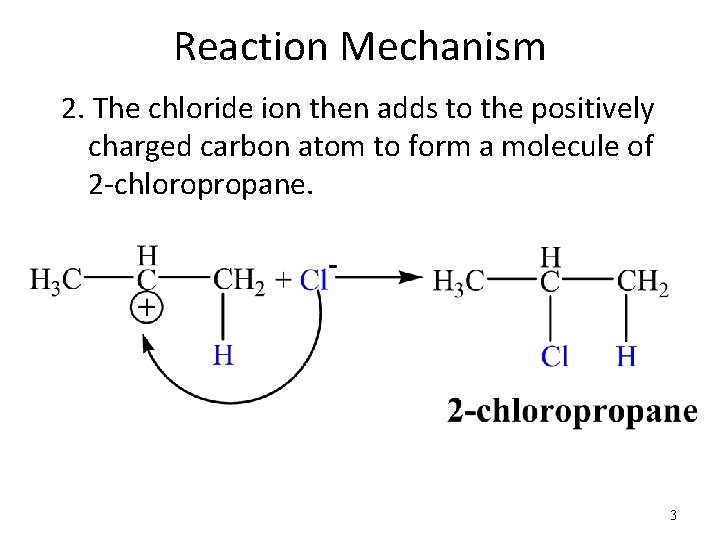 Reaction Mechanism 2. The chloride ion then adds to the positively charged carbon atom