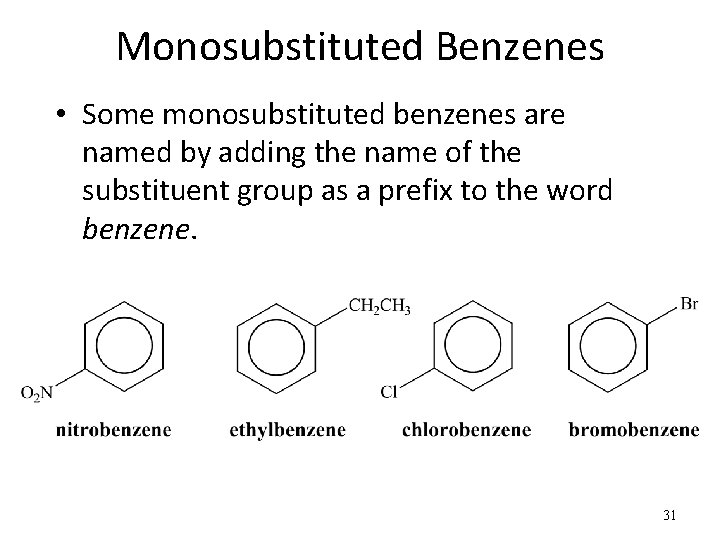 Monosubstituted Benzenes • Some monosubstituted benzenes are named by adding the name of the