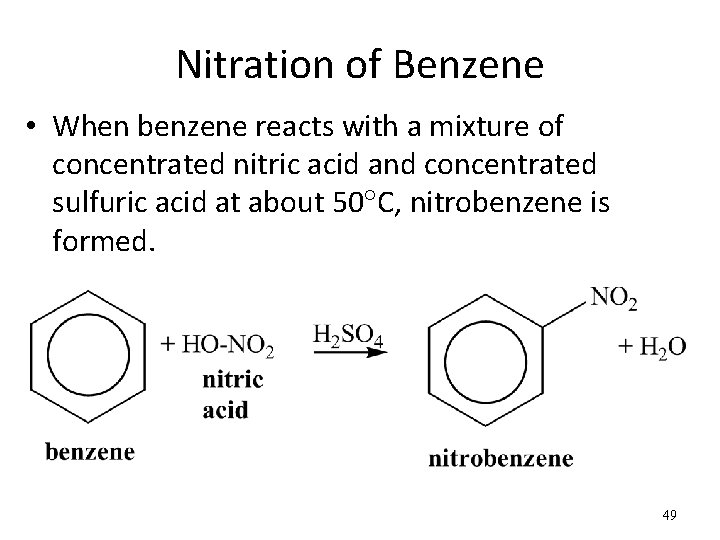 Nitration of Benzene • When benzene reacts with a mixture of concentrated nitric acid
