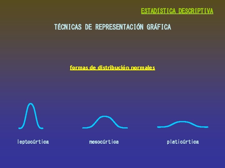 ESTADÍSTICA DESCRIPTIVA TÉCNICAS DE REPRESENTACIÓN GRÁFICA formas de distribución normales leptocúrtica mesocúrtica platicúrtica 