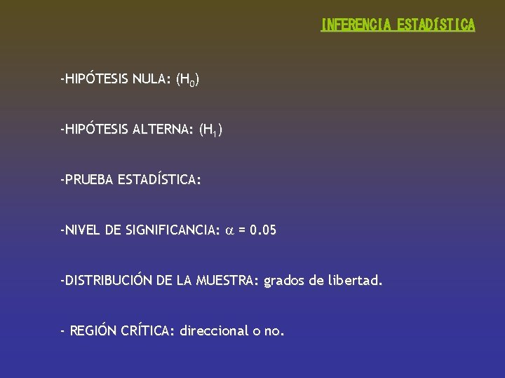 INFERENCIA ESTADÍSTICA -HIPÓTESIS NULA: (H 0) -HIPÓTESIS ALTERNA: (H 1) -PRUEBA ESTADÍSTICA: -NIVEL DE