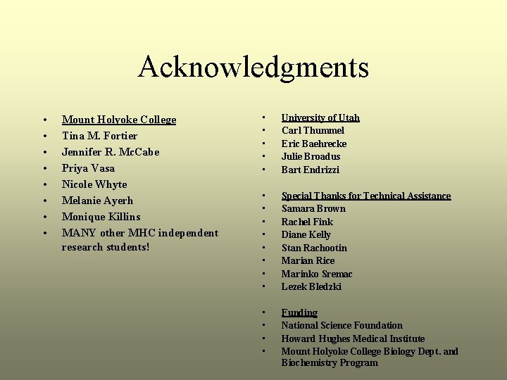 Acknowledgments • • Mount Holyoke College Tina M. Fortier Jennifer R. Mc. Cabe Priya