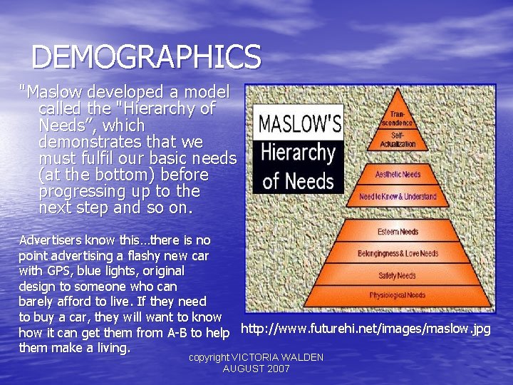 DEMOGRAPHICS "Maslow developed a model called the "Hierarchy of Needs”, which demonstrates that we