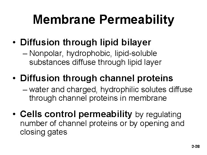 Membrane Permeability • Diffusion through lipid bilayer – Nonpolar, hydrophobic, lipid-soluble substances diffuse through