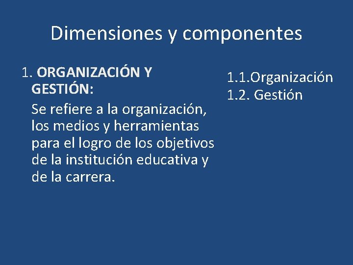 Dimensiones y componentes 1. ORGANIZACIÓN Y 1. 1. Organización GESTIÓN: 1. 2. Gestión Se