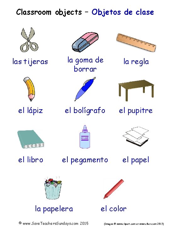 Classroom objects – Objetos de clase las tijeras la goma de borrar la regla