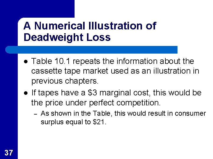 A Numerical Illustration of Deadweight Loss l l Table 10. 1 repeats the information