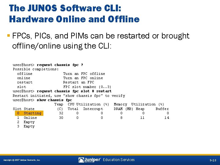 The JUNOS Software CLI: Hardware Online and Offline § FPCs, PICs, and PIMs can