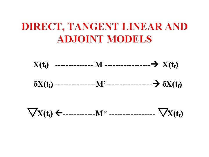 DIRECT, TANGENT LINEAR AND ADJOINT MODELS X(ti) ------- M --------- X(tf) δX(ti) --------M’--------- δX(tf)