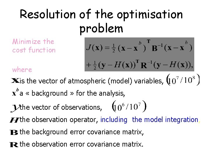 Resolution of the optimisation problem Minimize the cost function where is the vector of