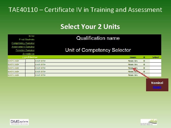 TAE 40110 – Certificate IV in Training and Assessment Select Your 2 Units Nominal
