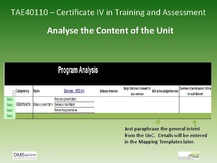 TAE 40110 – Certificate IV in Training and Assessment Analyse the Content of the