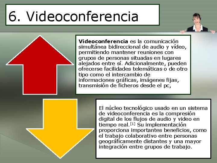 6. Videoconferencia es la comunicación simultánea bidireccional de audio y vídeo, permitiendo mantener reuniones