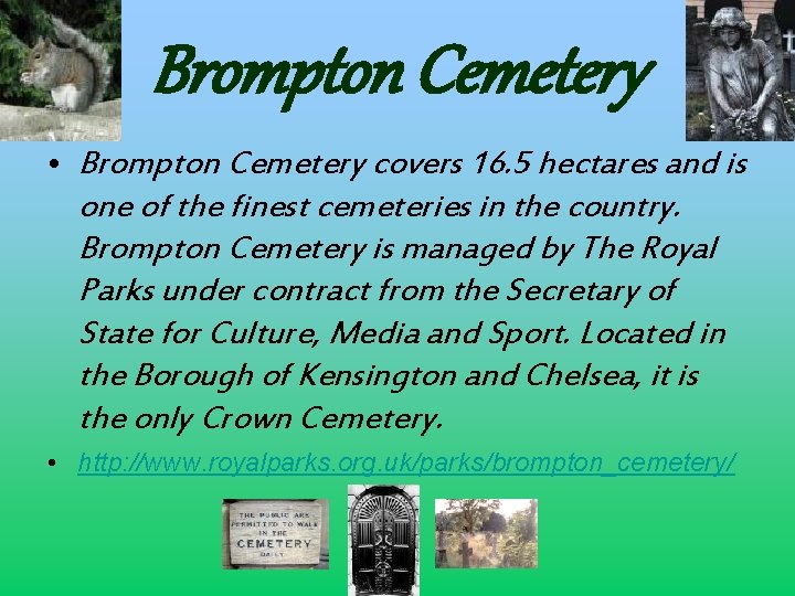 Brompton Cemetery • Brompton Cemetery covers 16. 5 hectares and is one of the