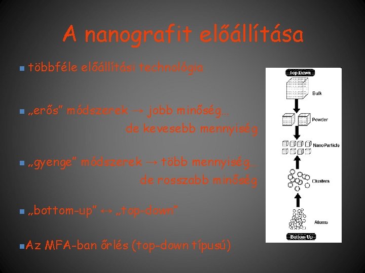 A nanografit előállítása n többféle előállítási technológia n „erős” módszerek → jobb minőség… de