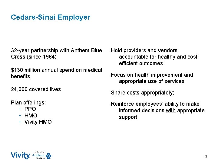 Cedars-Sinai Employer 32 -year partnership with Anthem Blue Cross (since 1984) $130 million annual Cedars-Sinai Employer 32 -year partnership with Anthem Blue Cross (since 1984) $130 million annual