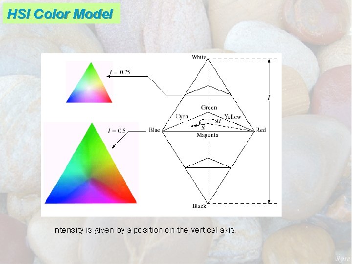 HSI Color Model Intensity is given by a position on the vertical axis. 