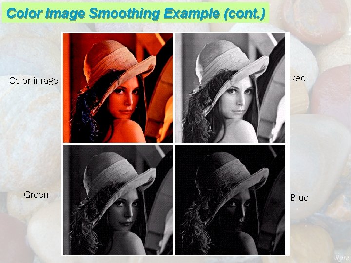 Color Image Smoothing Example (cont. ) Color image Red Green Blue 