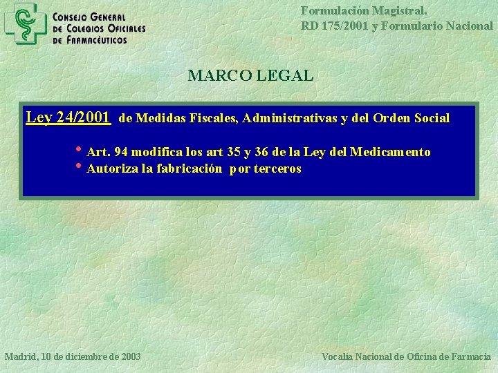 Formulación Magistral. RD 175/2001 y Formulario Nacional MARCO LEGAL Ley 24/2001 de Medidas Fiscales,