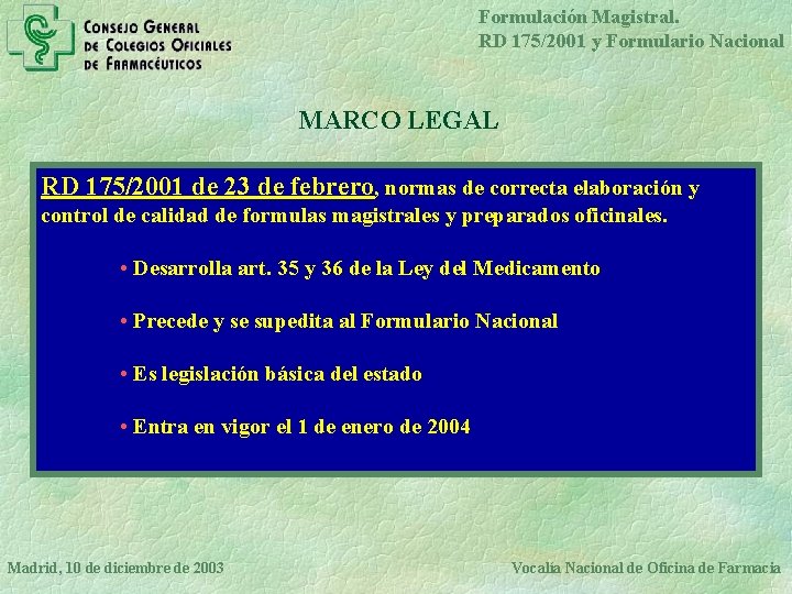 Formulación Magistral. RD 175/2001 y Formulario Nacional MARCO LEGAL RD 175/2001 de 23 de