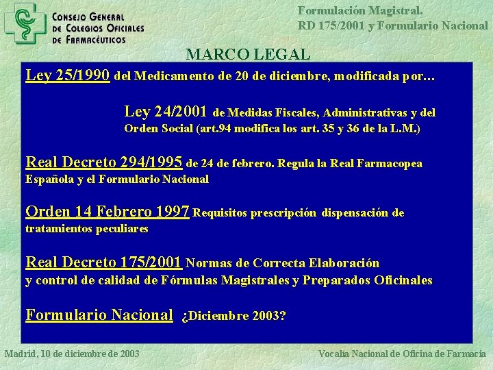 Formulación Magistral. RD 175/2001 y Formulario Nacional MARCO LEGAL Ley 25/1990 del Medicamento de