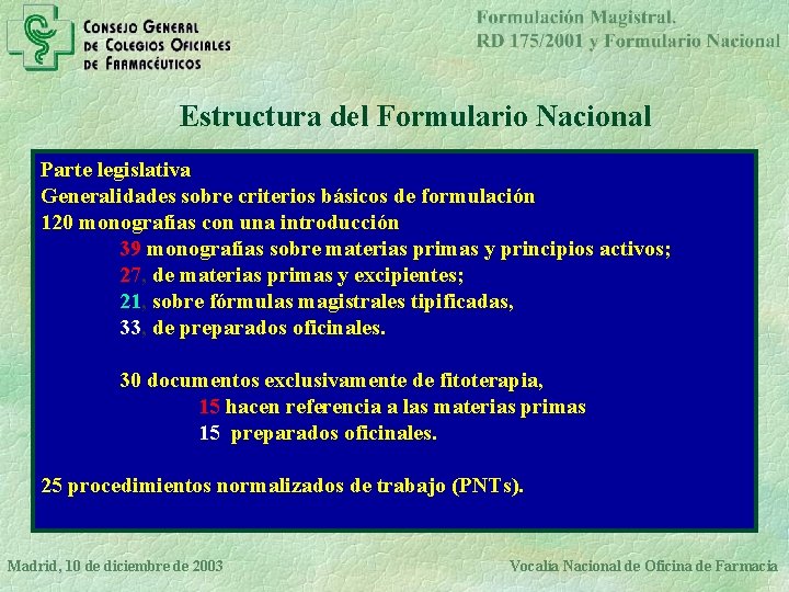 Estructura del Formulario Nacional Parte legislativa Generalidades sobre criterios básicos de formulación 120 monografías