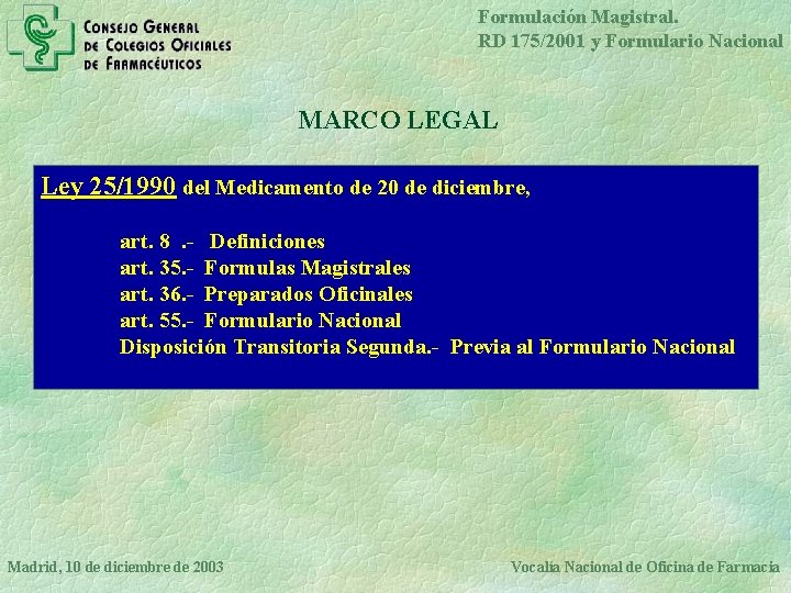 Formulación Magistral. RD 175/2001 y Formulario Nacional MARCO LEGAL Ley 25/1990 del Medicamento de