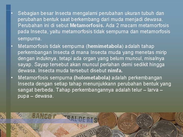 • Sebagian besar Insecta mengalami perubahan ukuran tubuh dan perubahan bentuk saat berkembang • Sebagian besar Insecta mengalami perubahan ukuran tubuh dan perubahan bentuk saat berkembang
