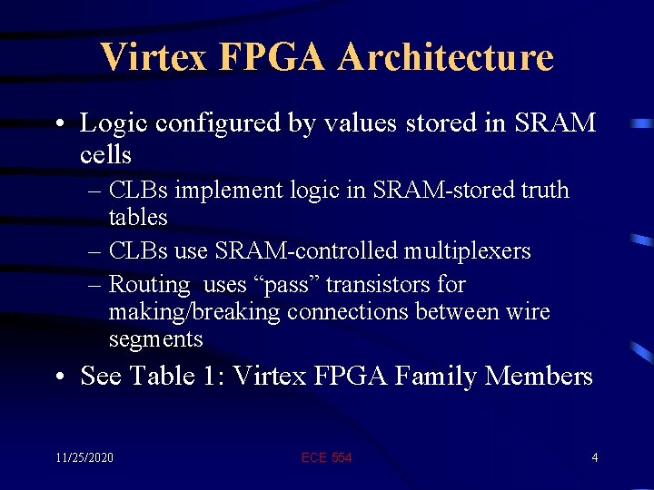 Virtex FPGA Architecture • Logic configured by values stored in SRAM cells – CLBs