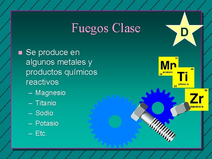 Fuegos Clase n Se produce en algunos metales y productos químicos reactivos – –