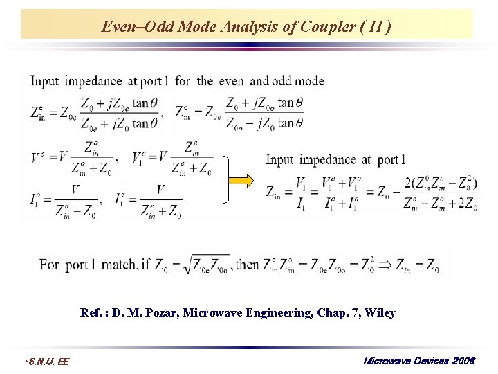 Even–Odd Mode Analysis of Coupler ( II ) Ref. : D. M. Pozar, Microwave