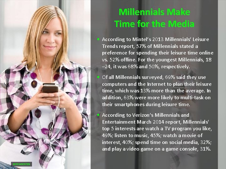 Millennials Make Time for the Media • According to Mintel’s 2013 Millennials’ Leisure Trends Millennials Make Time for the Media • According to Mintel’s 2013 Millennials’ Leisure Trends