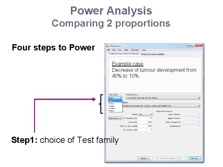 Power Analysis Comparing 2 proportions Four steps to Power Example case: Decrease of tumour