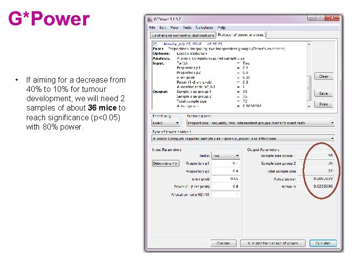 G*Power • If aiming for a decrease from 40% to 10% for tumour development,