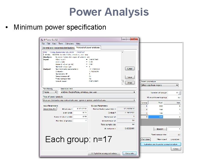 Power Analysis • Minimum power specification Each group: n=17 
