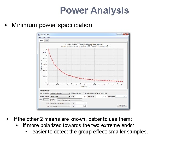 Power Analysis • Minimum power specification • If the other 2 means are known,