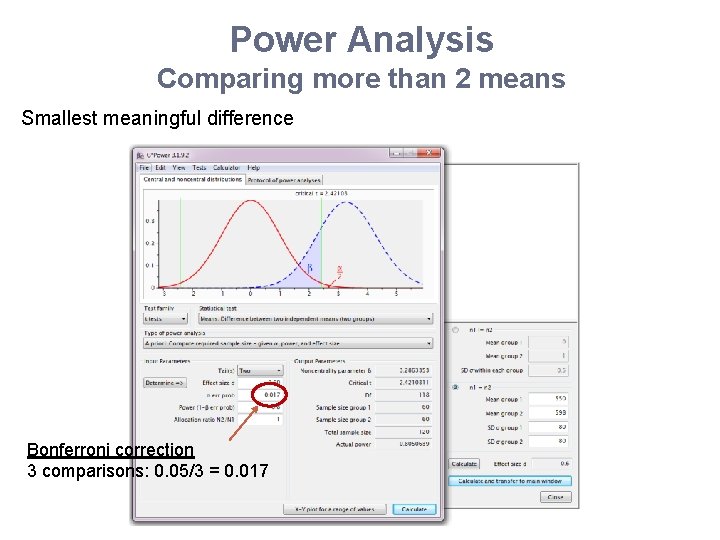 Power Analysis Comparing more than 2 means Smallest meaningful difference Bonferroni correction 3 comparisons: