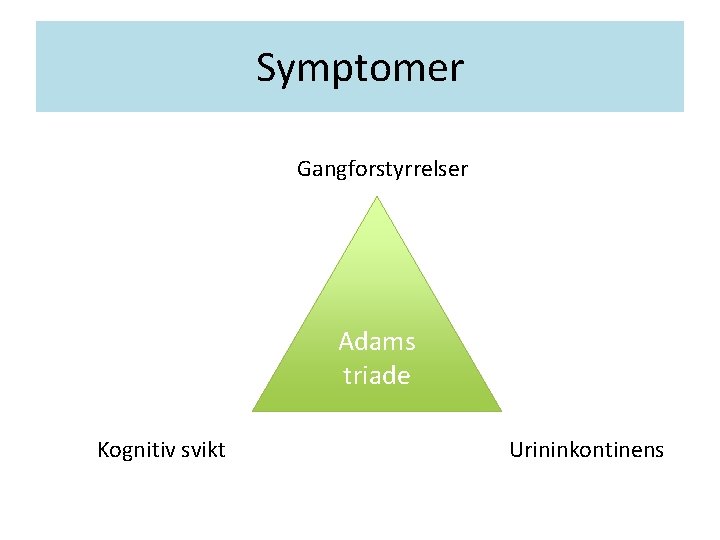 Symptomer Gangforstyrrelser Adams triade Kognitiv svikt Urininkontinens 