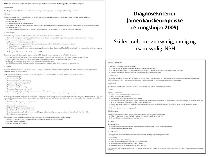 Diagnosekriterier (amerikanskeuropeiske retningslinjer 2005) Skiller mellom sannsynlig, mulig og usannsynlig i. NPH 