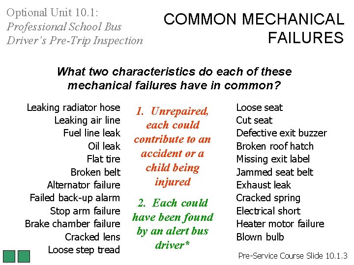 Optional Unit 10. 1: Professional School Bus Driver’s Pre-Trip Inspection COMMON MECHANICAL FAILURES What Optional Unit 10. 1: Professional School Bus Driver’s Pre-Trip Inspection COMMON MECHANICAL FAILURES What