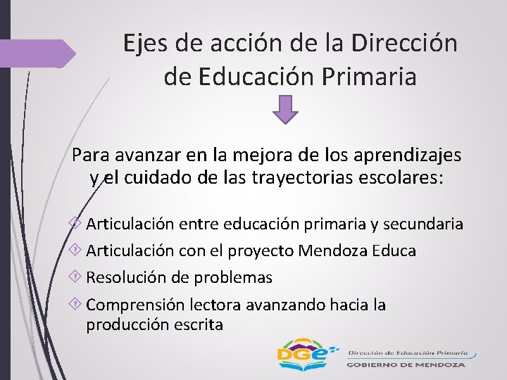 Ejes de acción de la Dirección de Educación Primaria Para avanzar en la mejora